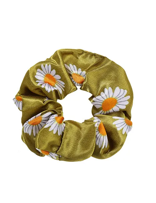 H762 Satin Olive Green Daisy Flower Hair Scrunchie 02 Rings