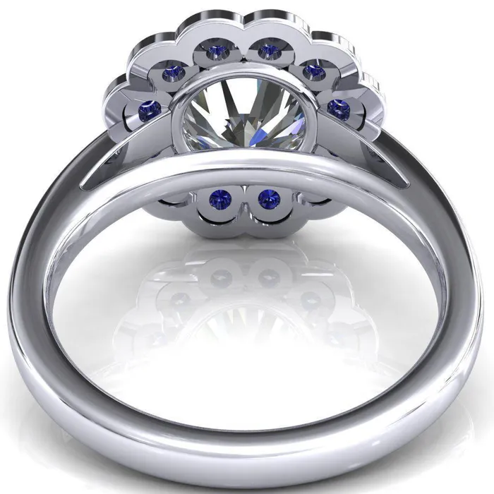 Rings Fire Brilliance Zinnia Round Center Stone 6 Prongs Milgrain Halo Accent Blue Sapphire Ring
