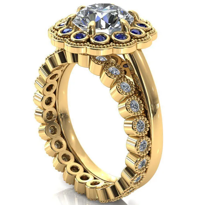 Rings Fire Brilliance Zinnia Round Center Stone 6 Prongs Milgrain Halo Accent Blue Sapphire Ring