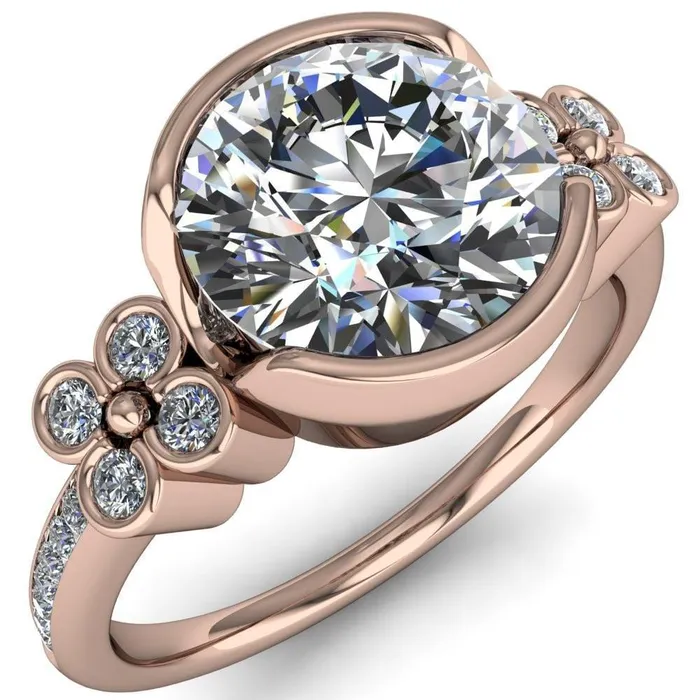 Rings Jenna Round Center Stone Half Bezel Center and Bezel Diamond 4 Lucky Clover Sides Ring Fire Brilliance 