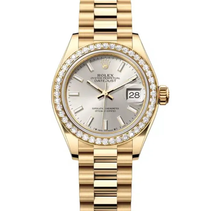 Bracelets Rolex Rolex Lady Datejust 28mm Ref 279138rbr0005 Silver Dial 18K Yellow Gold President Bracelet Womens Watch