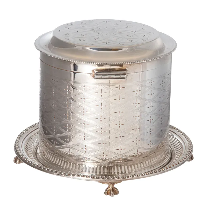 Croghans Rings Victorian English SilverPlated Engraved Crest Biscuit Box
