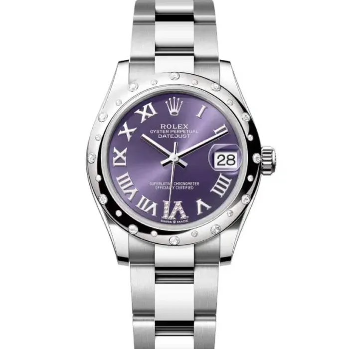 Rolex Rolex Datejust 31mm Ref 278344rbr0027 Aubergine Purple Roman Diamond Dial Diamond Bezel Stainless Steel Oyster Bracelet Womens Watch Bracelets