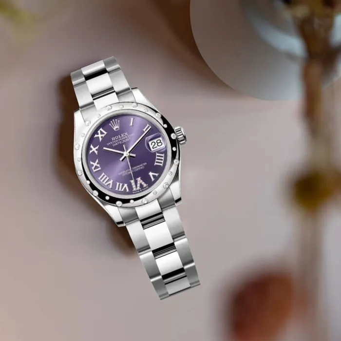 Rolex Rolex Datejust 31mm Ref 278344rbr0027 Aubergine Purple Roman Diamond Dial Diamond Bezel Stainless Steel Oyster Bracelet Womens Watch Bracelets
