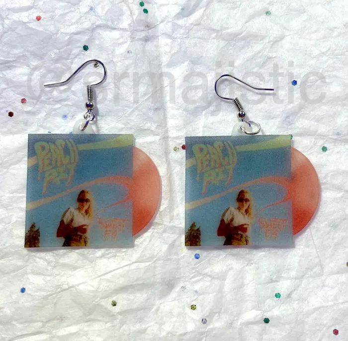 Sam Makes Things Earrings Peach Pit Sweet FA Vinyl Album Handmade Earrings