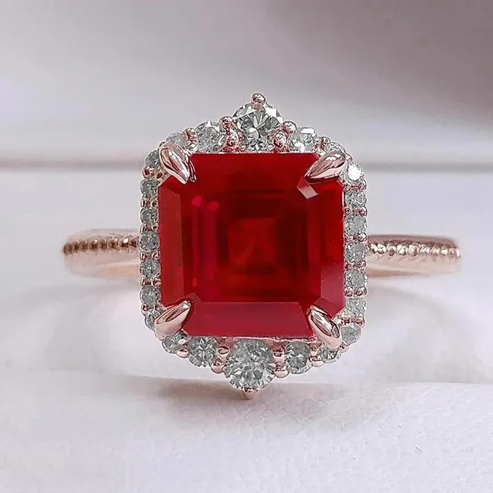 GB Rings 17 Carats Big Asscher Shaped Red Ruby And Natural Earth Mined Diamond Ring Gold 14K