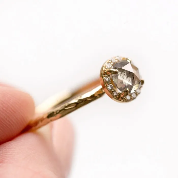 067ct Silver Grey Rosecut Diamond in Yellow Gold Diamond Halo Salt and Pepper Diamond Hand Carved Eclectic Band Anueva Jewelry Rings