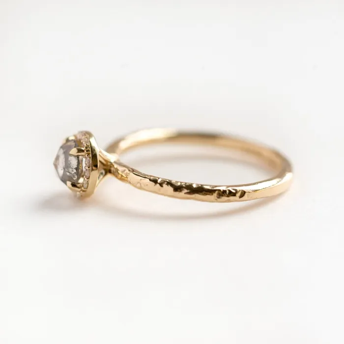 067ct Silver Grey Rosecut Diamond in Yellow Gold Diamond Halo Salt and Pepper Diamond Hand Carved Eclectic Band Anueva Jewelry Rings