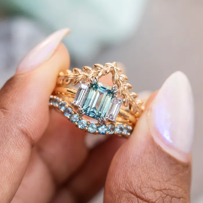 176ct Straight Baguette Parti Sapphire Three Stone Ring with Baguette Diamonds in Platinum 18k Yellow Gold Anueva Jewelry Rings