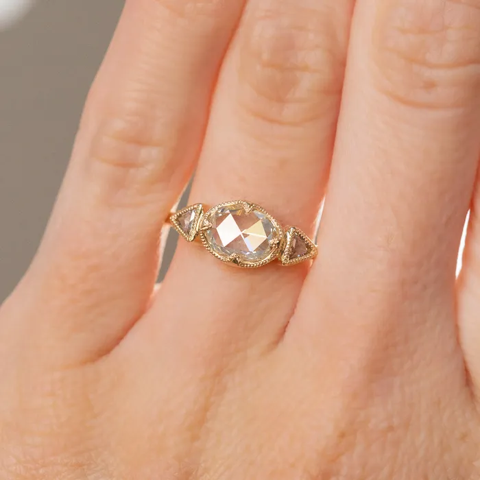Anueva Jewelry Rings 101ct Rosecut Three Stone Ring with Trillion Side Diamonds Compass Set Low Profile Milgrain Antique Ring in 18K Yellow Gold
