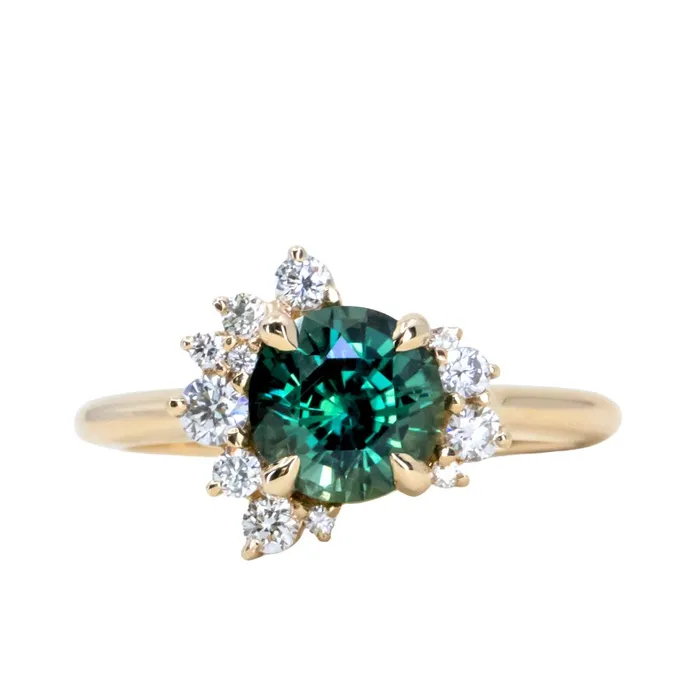 Rings 178ct Round Teal Madagascar Sapphire and Diamond Asymmetrical Cluster Ring in 14k Yellow Gold Ran